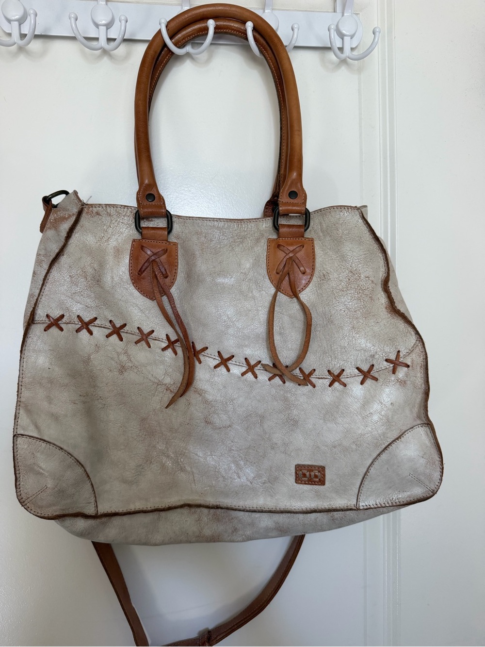 Bed Stu Cream and Tan Crossbody Tote with Leather Trim